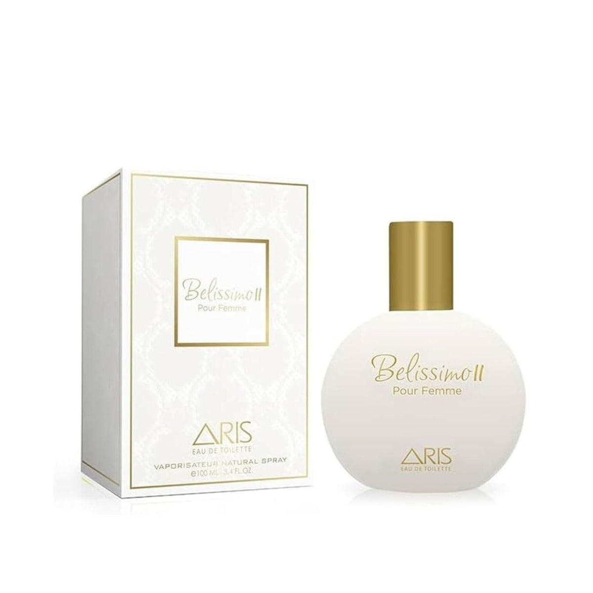 Refect Beauty Bellissimo floral fruity Eau de Parfum for women in a round white bottle with gold cap and matching box.