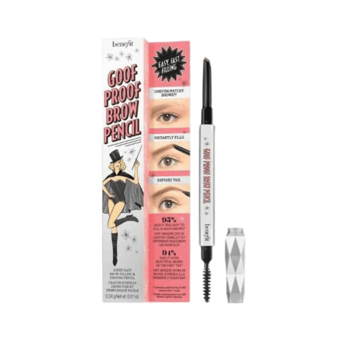 Refect Beauty Benefit Cosmetics Goof Proof Brow Pencil with retractable tip and spoolie brush for shaping eyebrows.