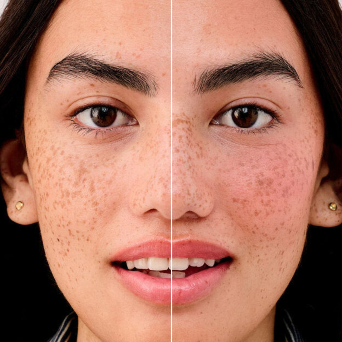 Refect Beauty Benefit Cosmetics Blush Willa showing a before and after comparison on a model with a natural flush