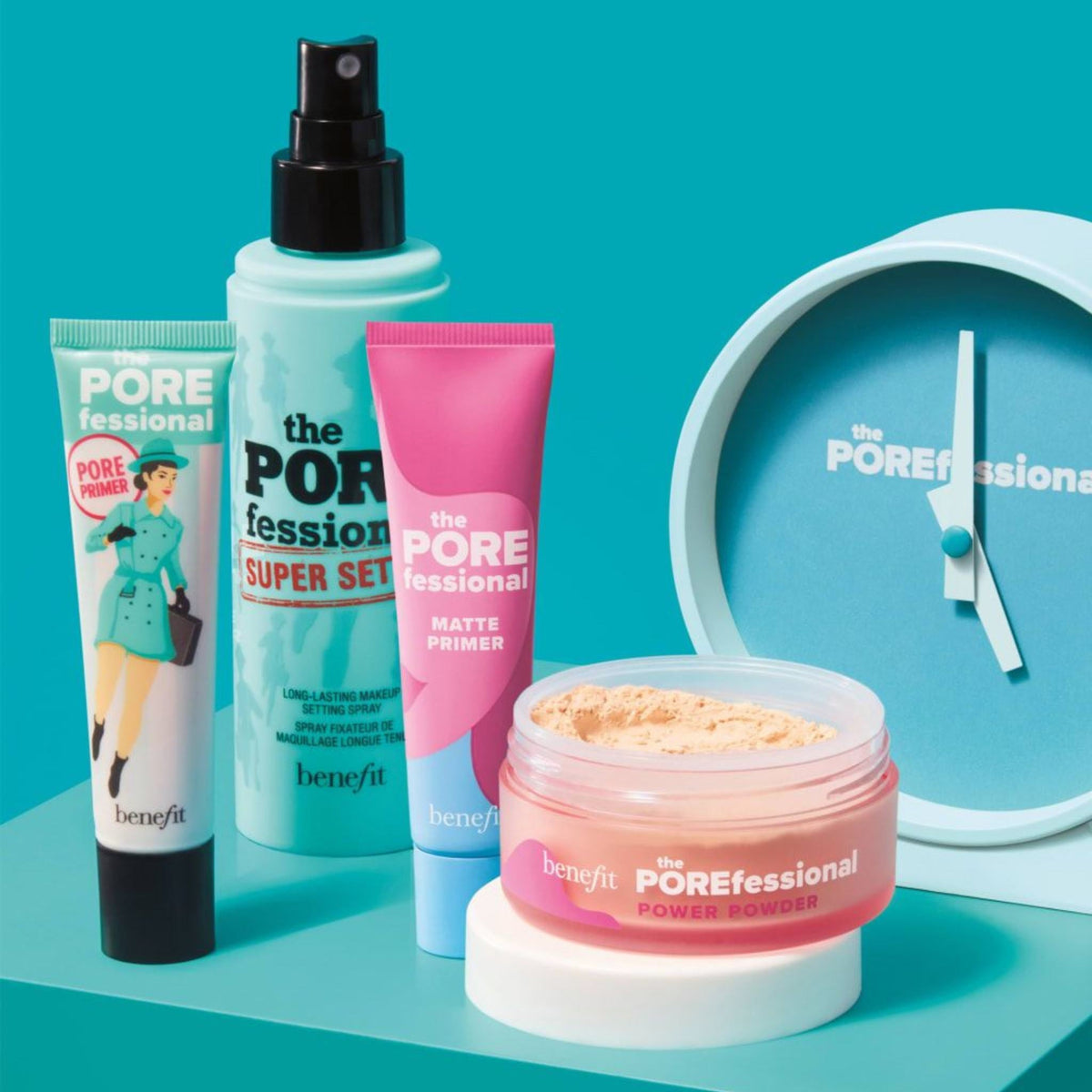 Refect Beauty Benefit Cosmetics The POREfessional collection featuring primer, setting spray, and loose powder.