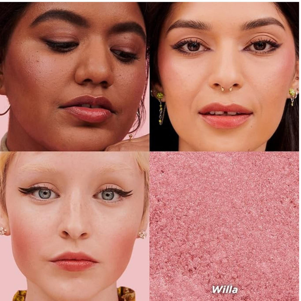 Refect Beauty Benefit Cosmetics Willa blush shown as a powder swatch and applied on three models with different skin tones