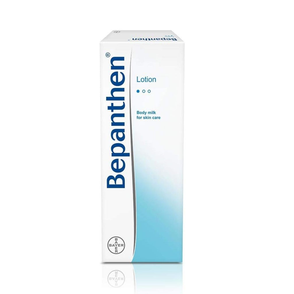Refect Beauty Bepanthen Moisturizing Lotion bottle featuring a white and blue gradient design for daily body care.