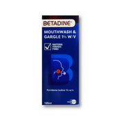 Refect Beauty Betadine Mouthwash and Gargle 1% povidone-iodine antiseptic oral solution in a 120ml blue bottle