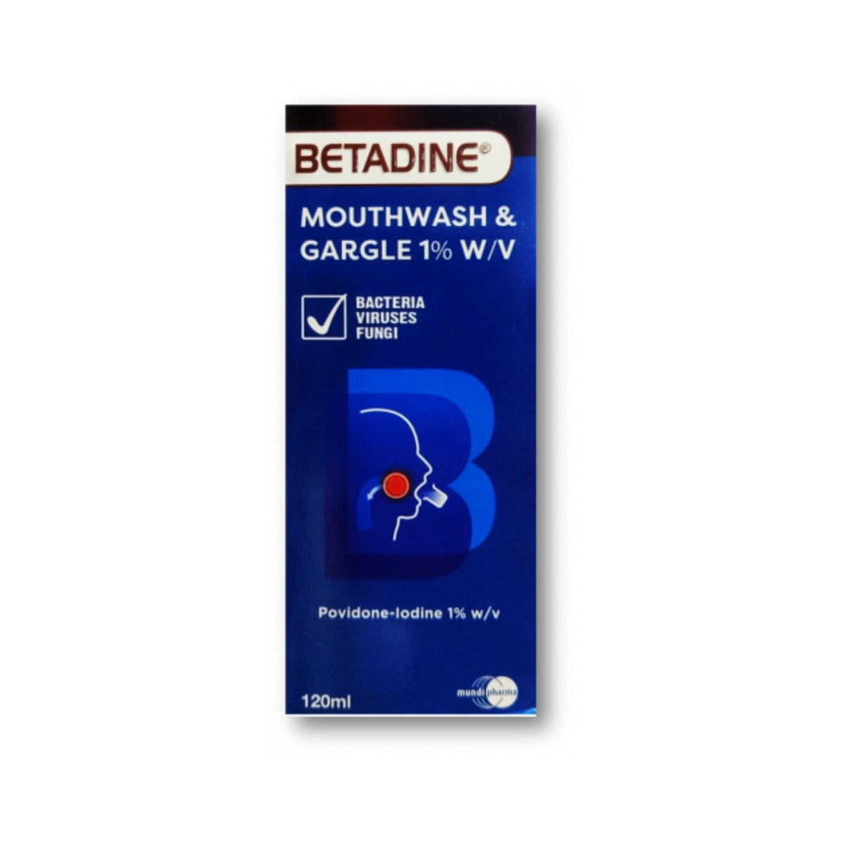 Refect Beauty Betadine Mouthwash and Gargle 1% povidone-iodine antiseptic oral solution in a 120ml blue bottle