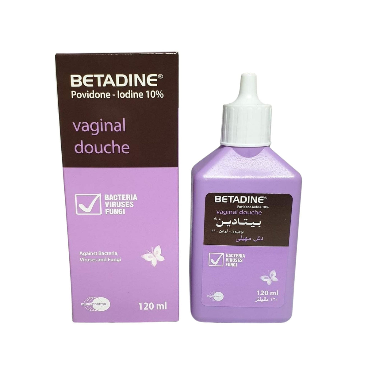 Refect Beauty Betadine 10% povidone-iodine vaginal douche solution in a purple bottle with matching product box.