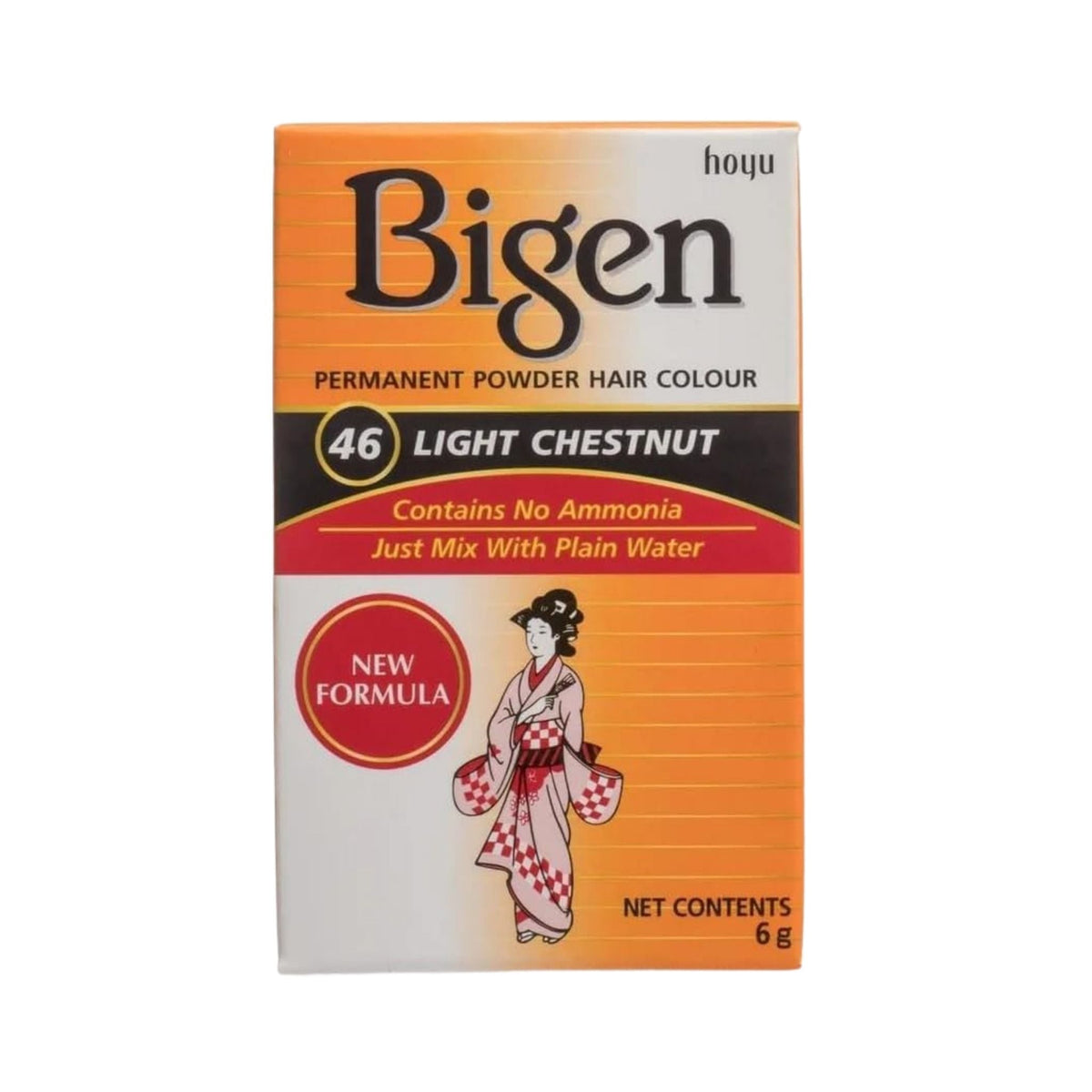 Refect Beauty Bigen permanent powder hair color in light chestnut shade 46, featuring a traditional kimono illustration