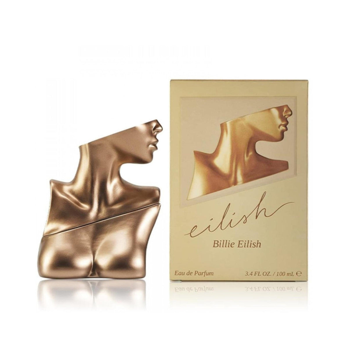 Refect Beauty Billie Eilish Eau de Parfum in a metallic gold bust-shaped bottle with matching product packaging.
