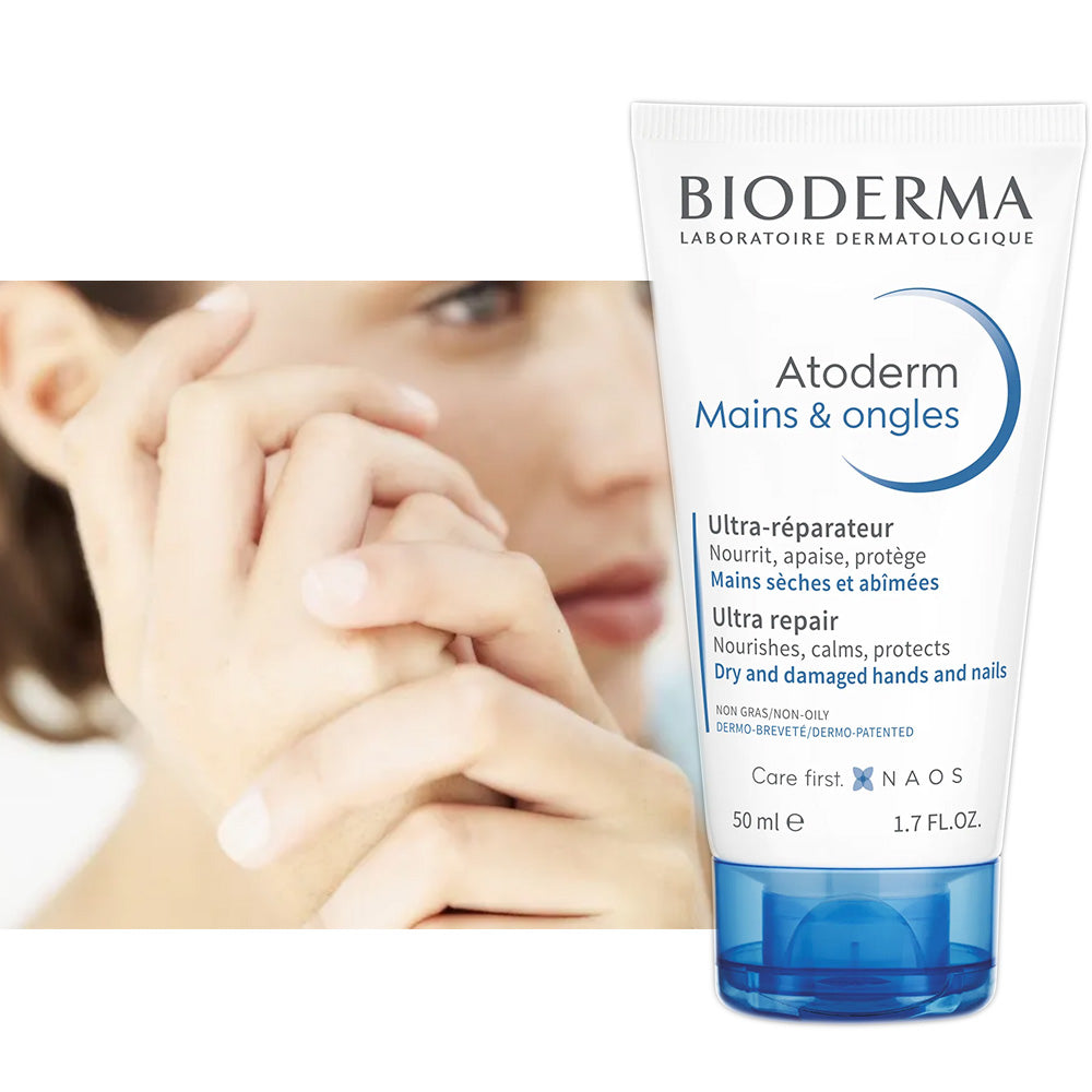 Refect Beauty Bioderma Atoderm ultra-nourishing hand and nail cream in a 50ml white tube with a blue cap.