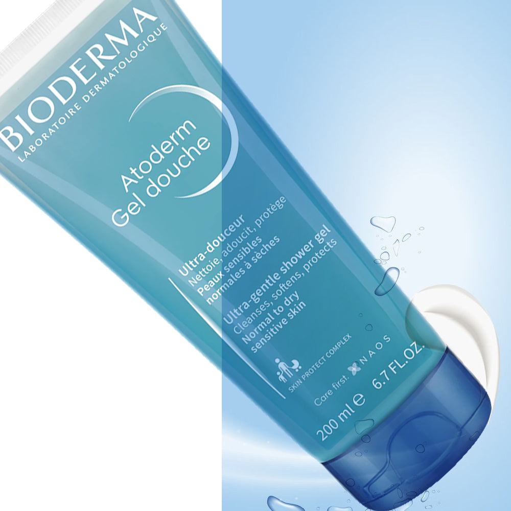 Refect Beauty Bioderma Atoderm Gel Douche shower gel for dry and sensitive skin in a 200ml blue squeeze bottle.