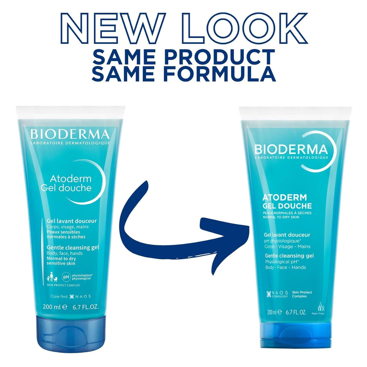 Refect Beauty Bioderma Atoderm Gel Douche shower gel tubes showing old and new packaging for sensitive skin