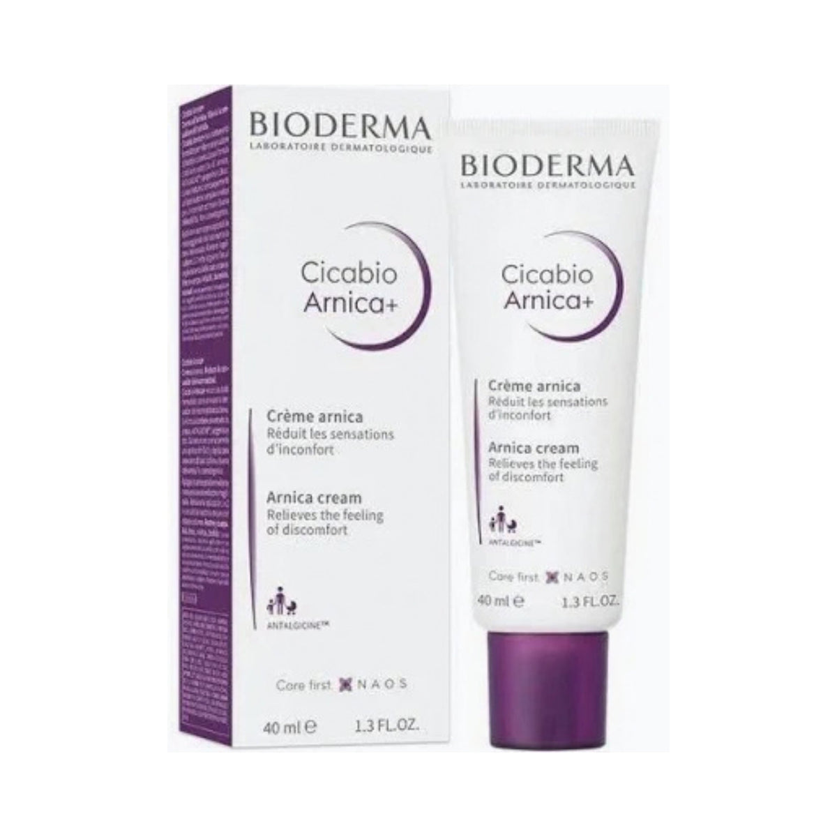 Refect Beauty Bioderma Cicabio Arnica+ cream in a white tube and matching box for soothing bruises and skin trauma.