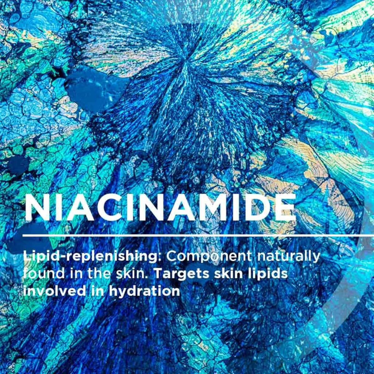 Refect Beauty Bioderma Atoderm shower gel ingredient graphic featuring abstract blue crystalline niacinamide texture