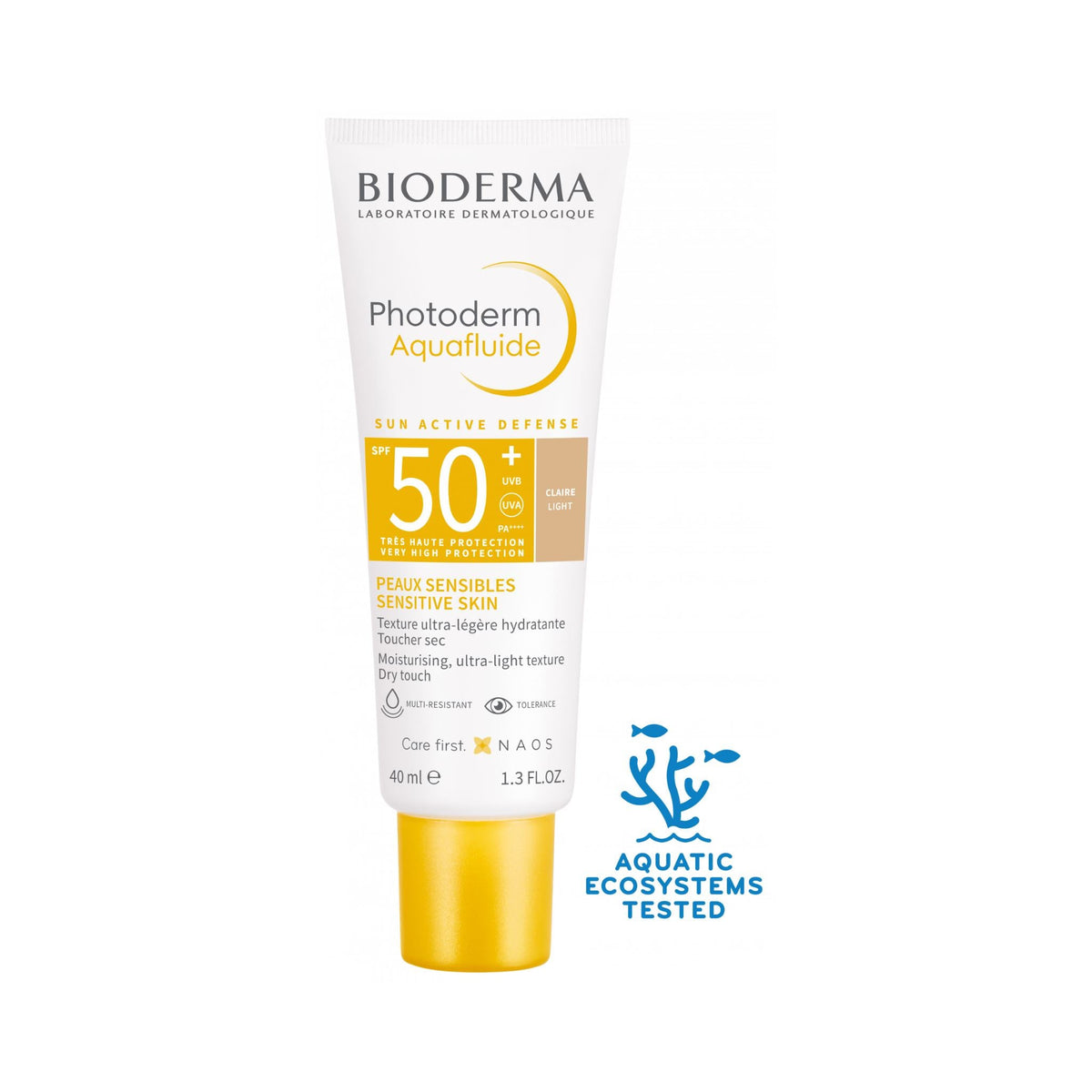 Refect Beauty Bioderma Photoderm Aquafluide SPF 50+ light tint facial sunscreen in a 40ml white squeeze tube.