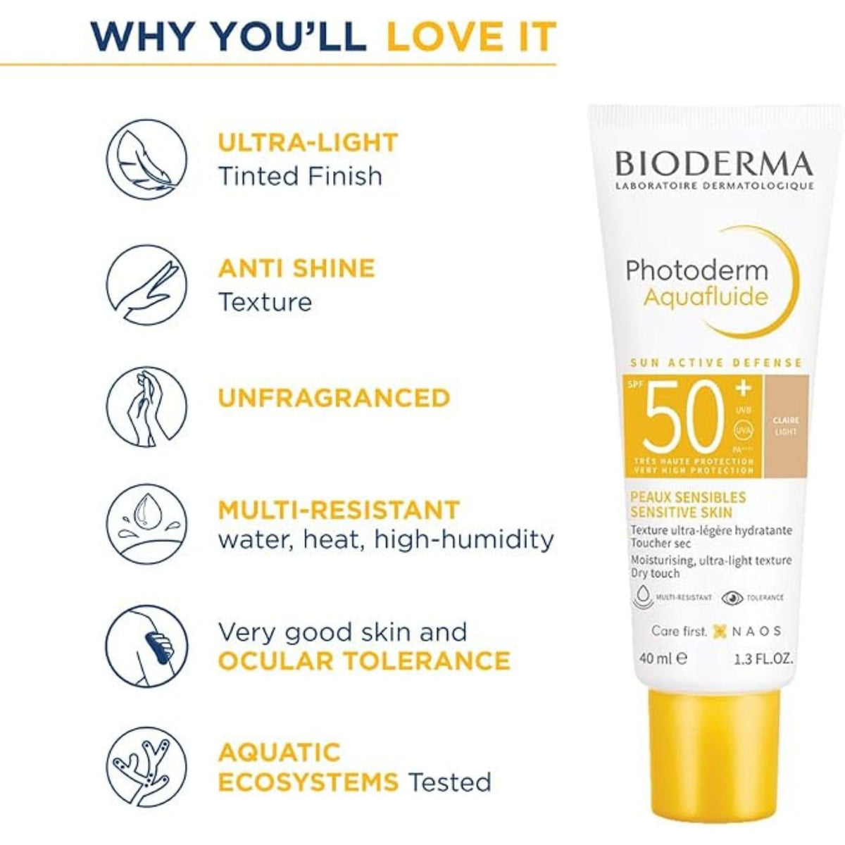 Refect Beauty Bioderma Photoderm Aquafluide light tinted SPF 50+ facial sunscreen tube with key product benefits list.