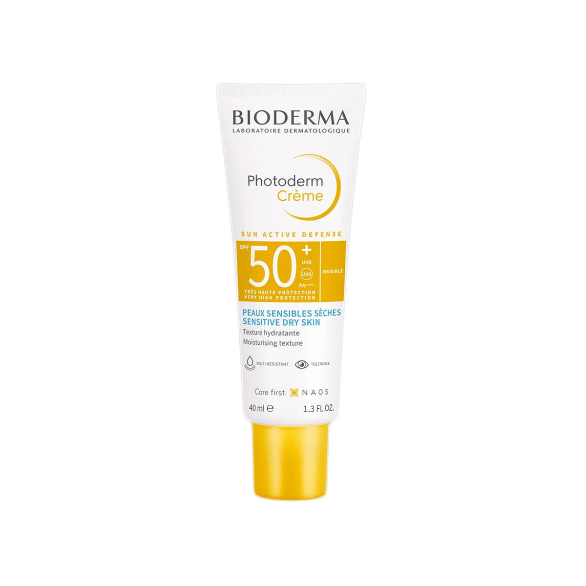 Refect Beauty Bioderma Photoderm Crème SPF 50+ sunscreen for sensitive dry skin in a white and yellow tube