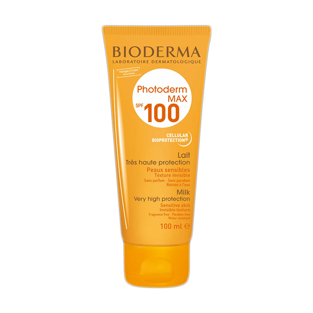 Refect Beauty Bioderma Photoderm Max Lait SPF 100 sunscreen lotion in an orange 100ml tube for sensitive skin.