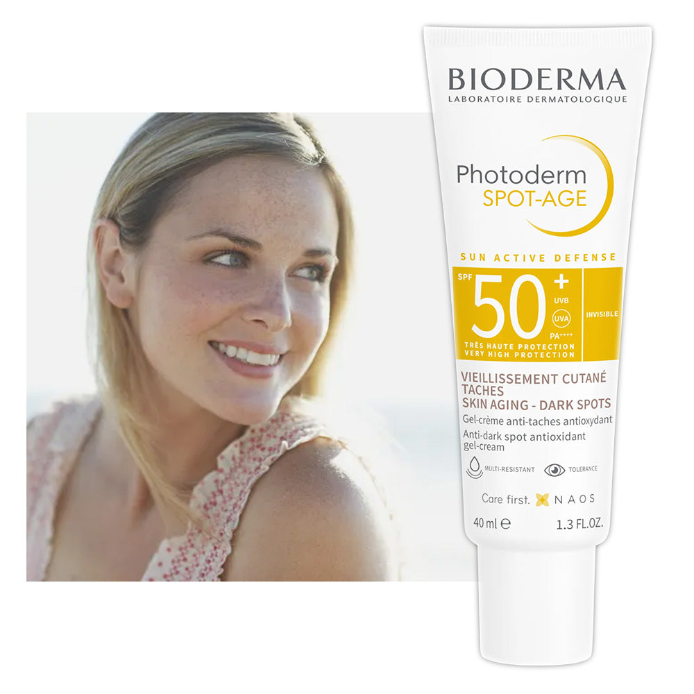 Refect Beauty Bioderma Photoderm Spot-Age SPF 50+ sunscreen cream tube next to a smiling woman with clear skin