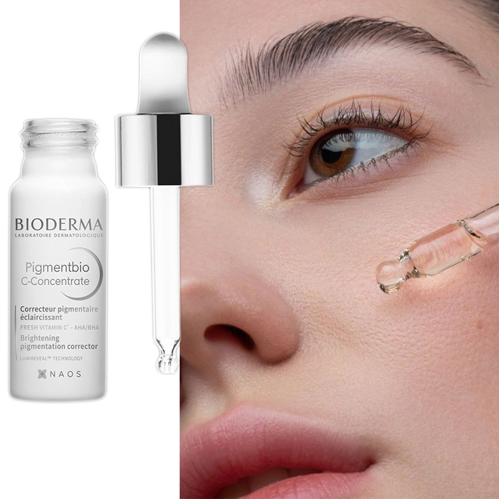 Refect Beauty Bioderma Pigmentbio C-Concentrate brightening serum bottle with dropper applied to a woman's cheek.
