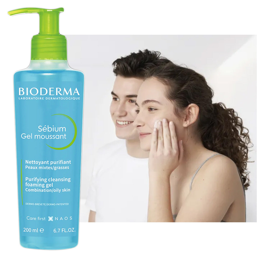 Refect Beauty Bioderma Sebium foaming gel cleanser for oily skin next to a young couple smiling