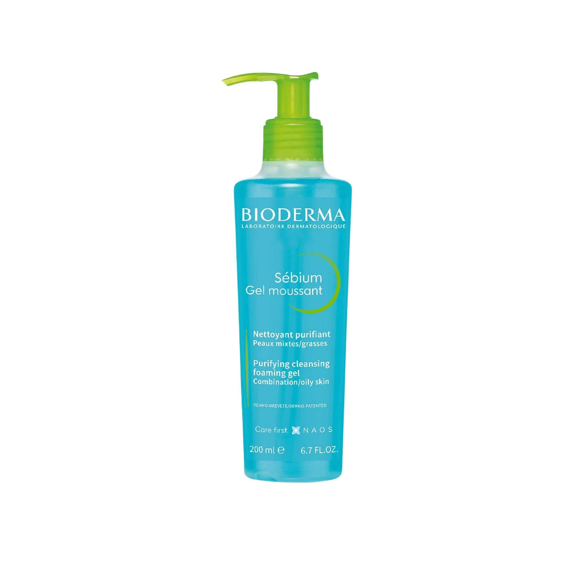 Refect Beauty Bioderma Sebium Gel Moussant foaming cleanser in a blue bottle with a green pump for oily skin.
