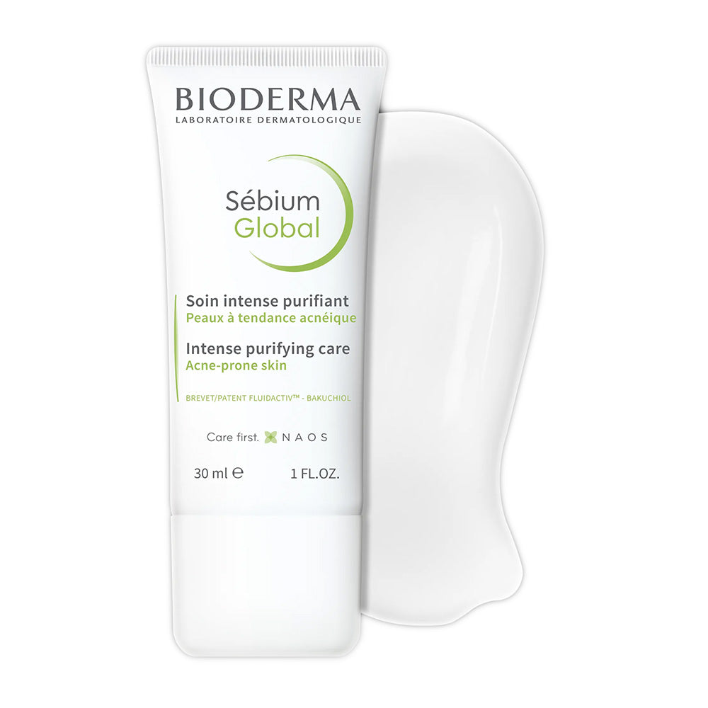 Refect Beauty Bioderma Sebium Global intense purifying cream for acne-prone skin in a 30ml white tube with texture swatch