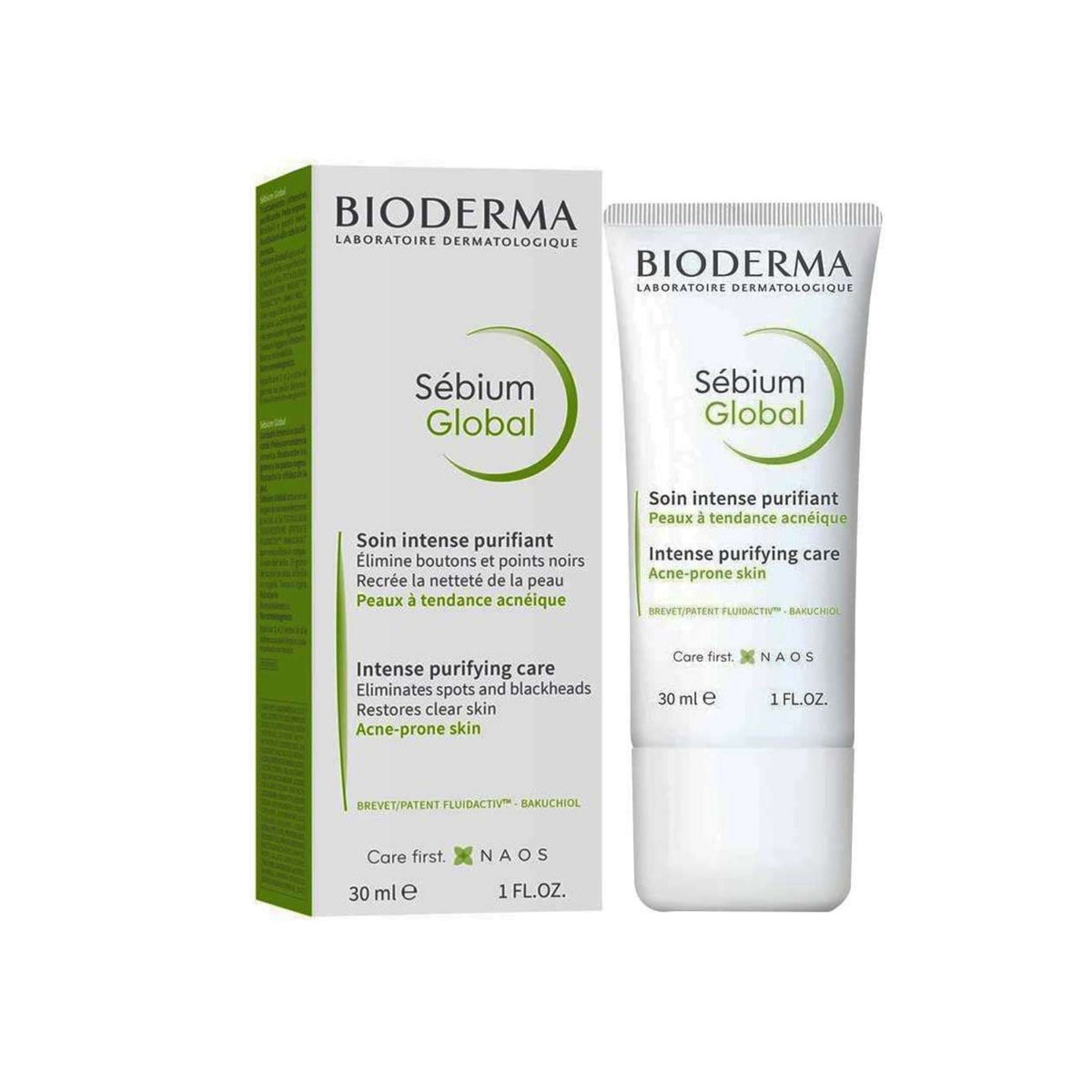 Refect Beauty Bioderma Sebium Global intense purifying care for acne-prone skin in a 30ml tube and box.
