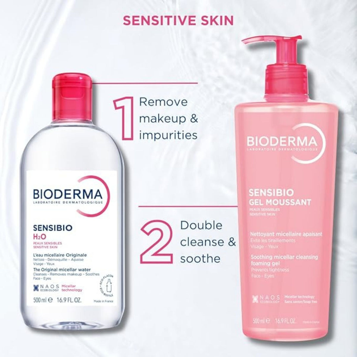 Refect Beauty Bioderma Sensibio micellar water and gentle foaming cleanser for sensitive skin in 500ml bottles.