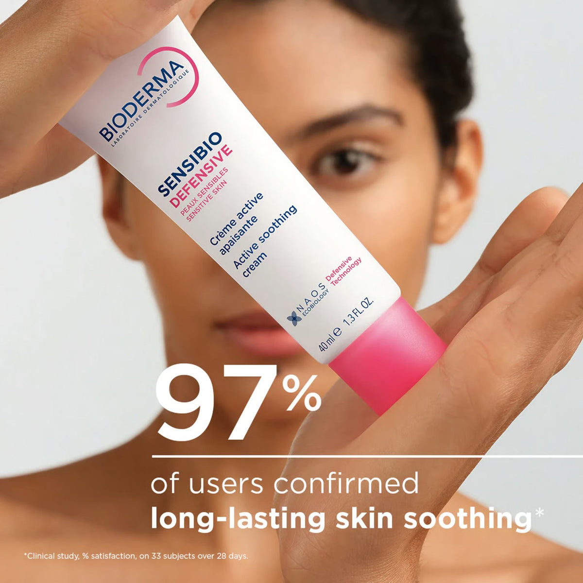 Refect Beauty Bioderma Sensibio Defensive soothing moisturizer tube held by a woman for sensitive skin care