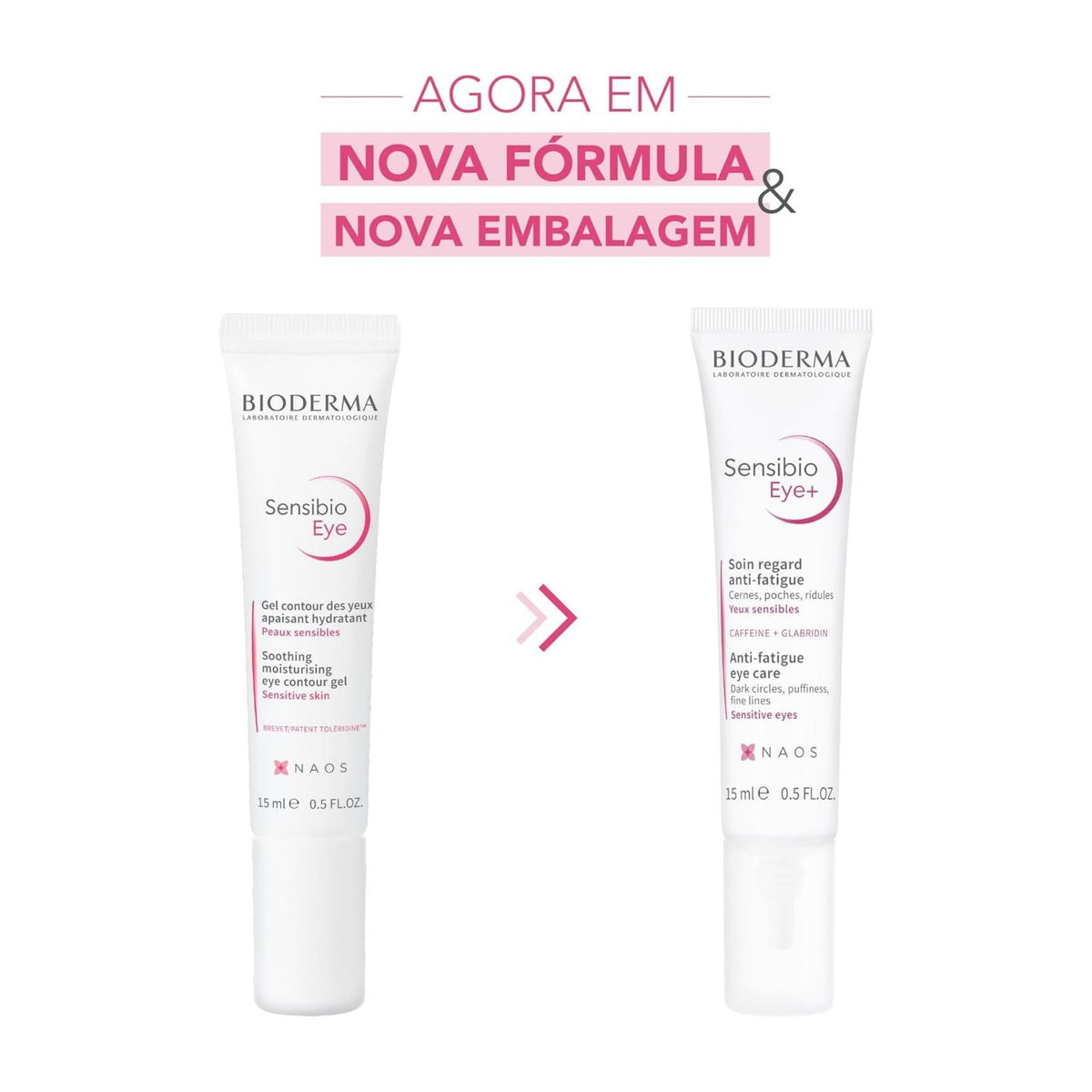 Refect Beauty Bioderma Sensibio Eye Contour Gel comparison showing old and new packaging for sensitive skin care.