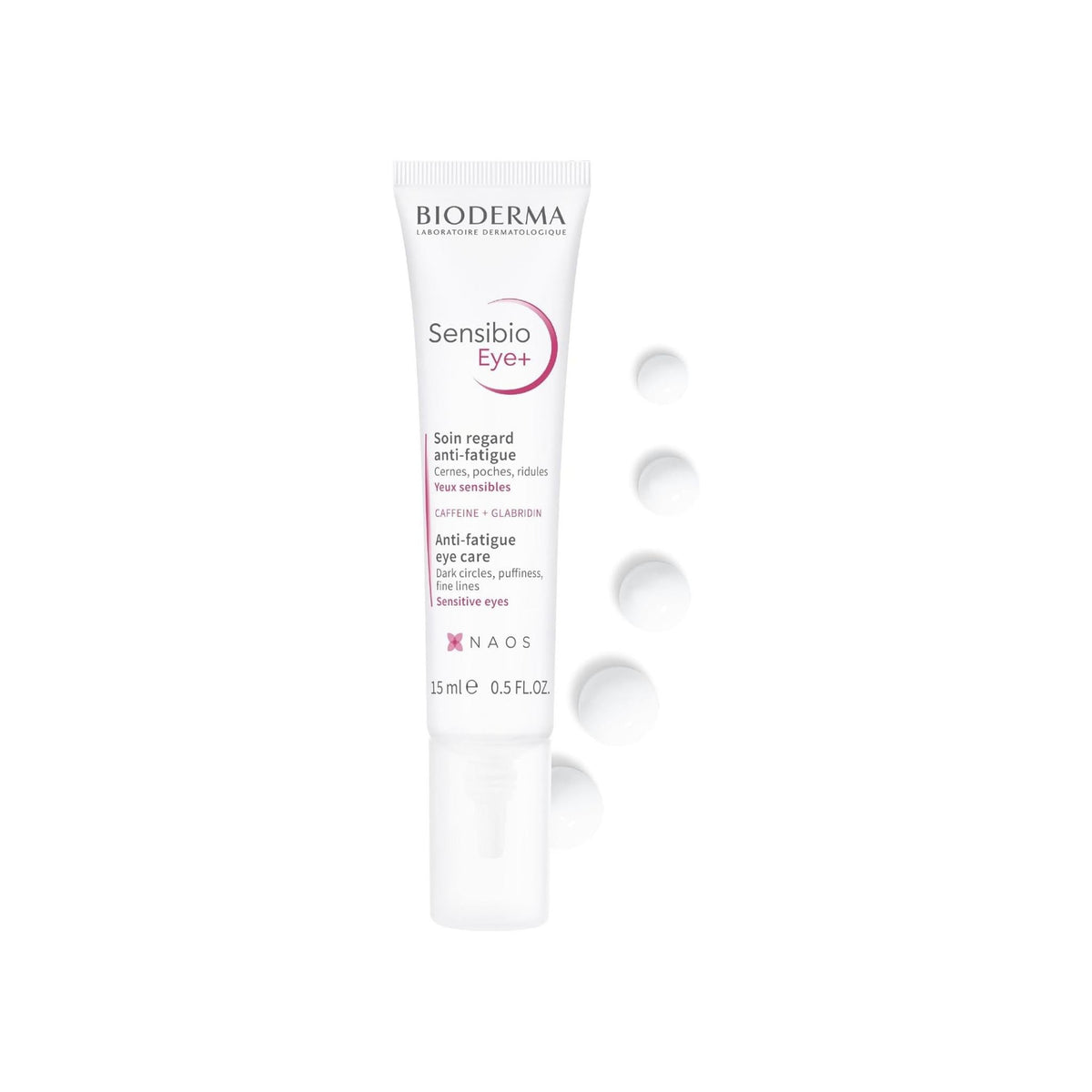 Refect Beauty Bioderma Sensibio Eye Contour Gel tube with white cream drops on a clean white background