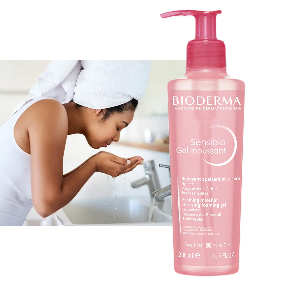 Refect Beauty Bioderma Sensibio Gel Moussant foaming cleanser for sensitive skin in a pink pump bottle