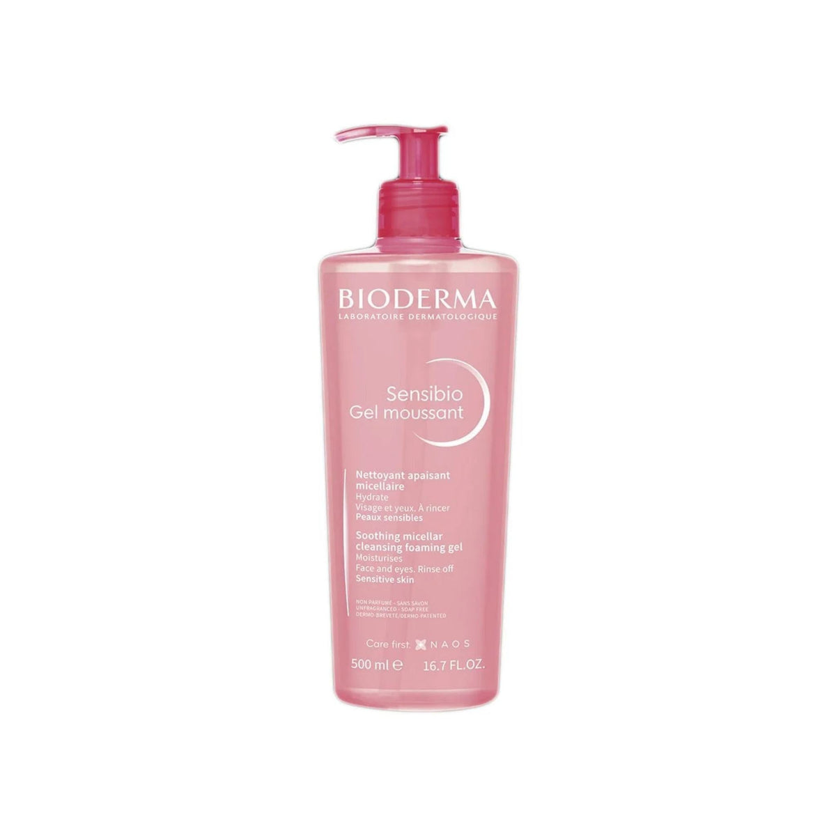 Refect Beauty Bioderma Sensibio Gel Moussant soothing foaming cleanser for sensitive skin in a 500ml pump bottle.