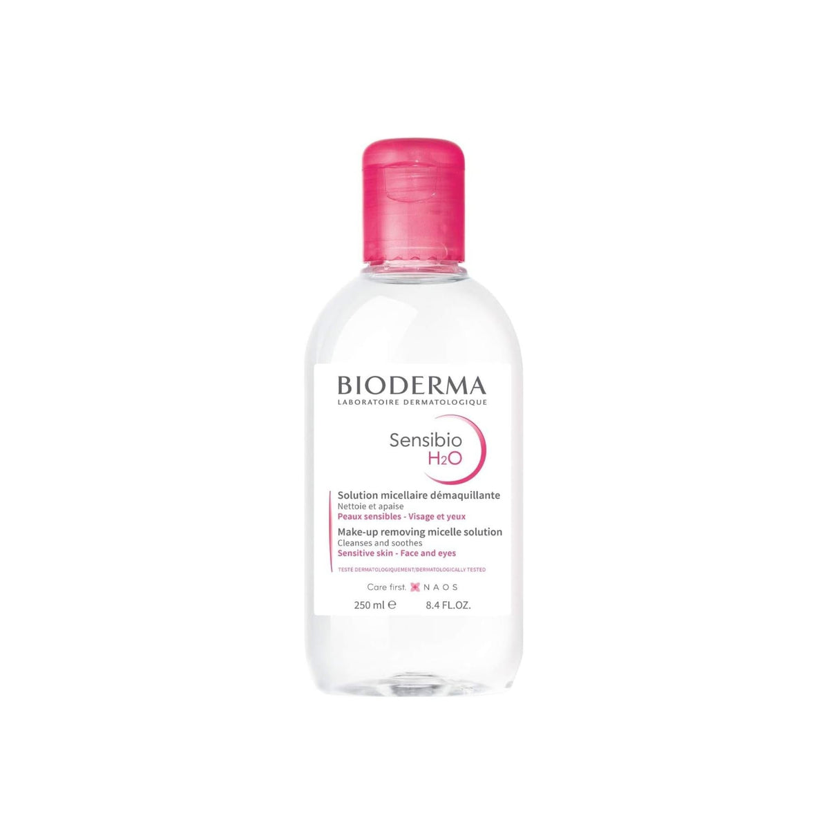 Refect Beauty Bioderma Sensibio H2O micellar water for sensitive skin in a clear 250ml bottle with a pink cap.