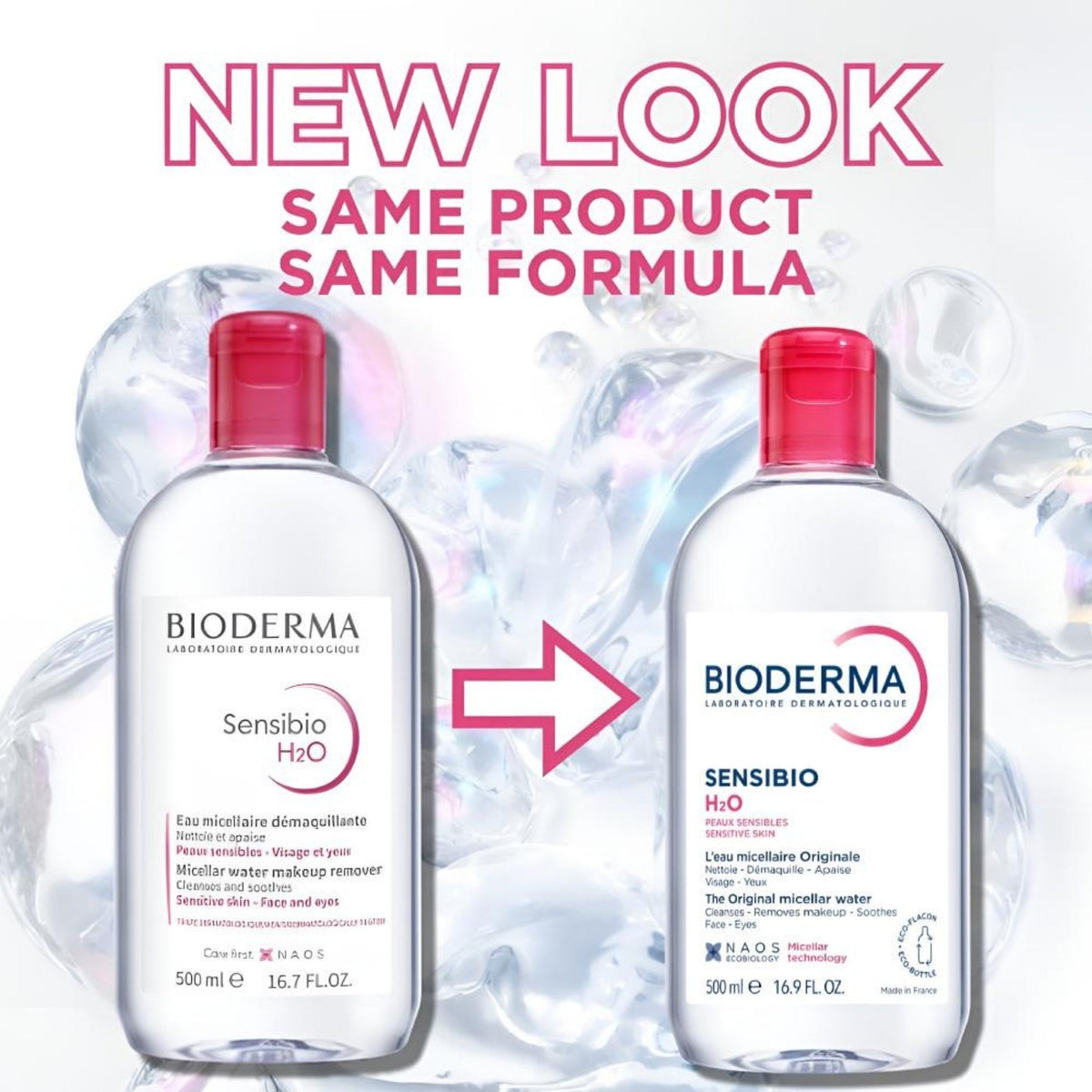 Refect Beauty Bioderma Sensibio H2O micellar water bottles showing the new packaging design for sensitive skin