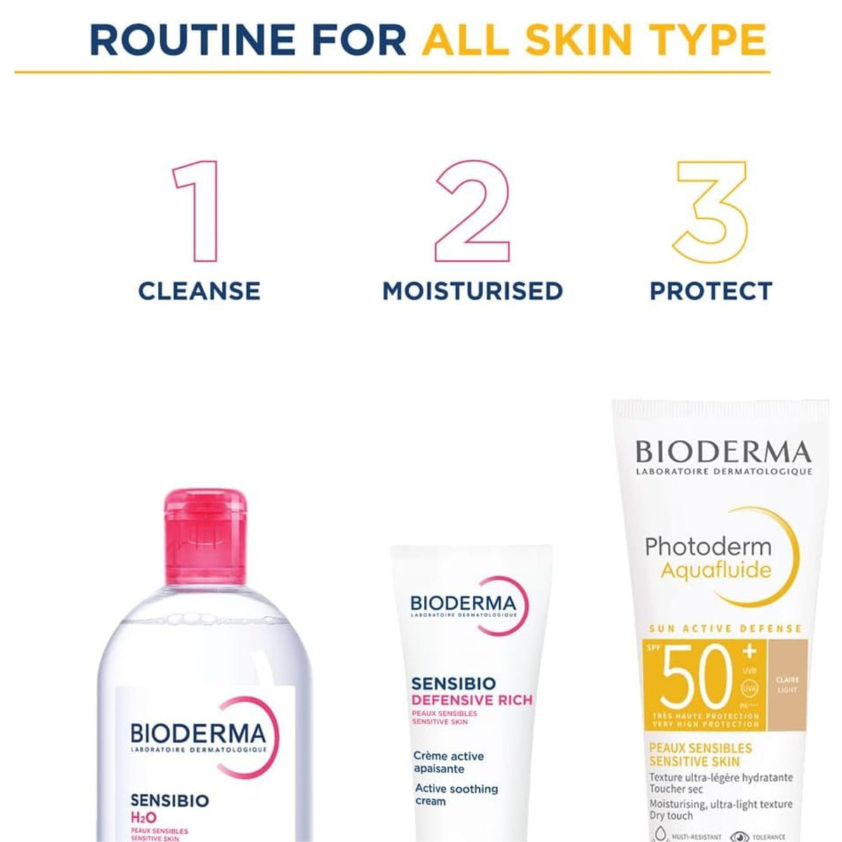 Refect Beauty skincare routine set featuring Bioderma Sensibio cleanser, moisturizer, and Photoderm SPF 50 sunscreen.