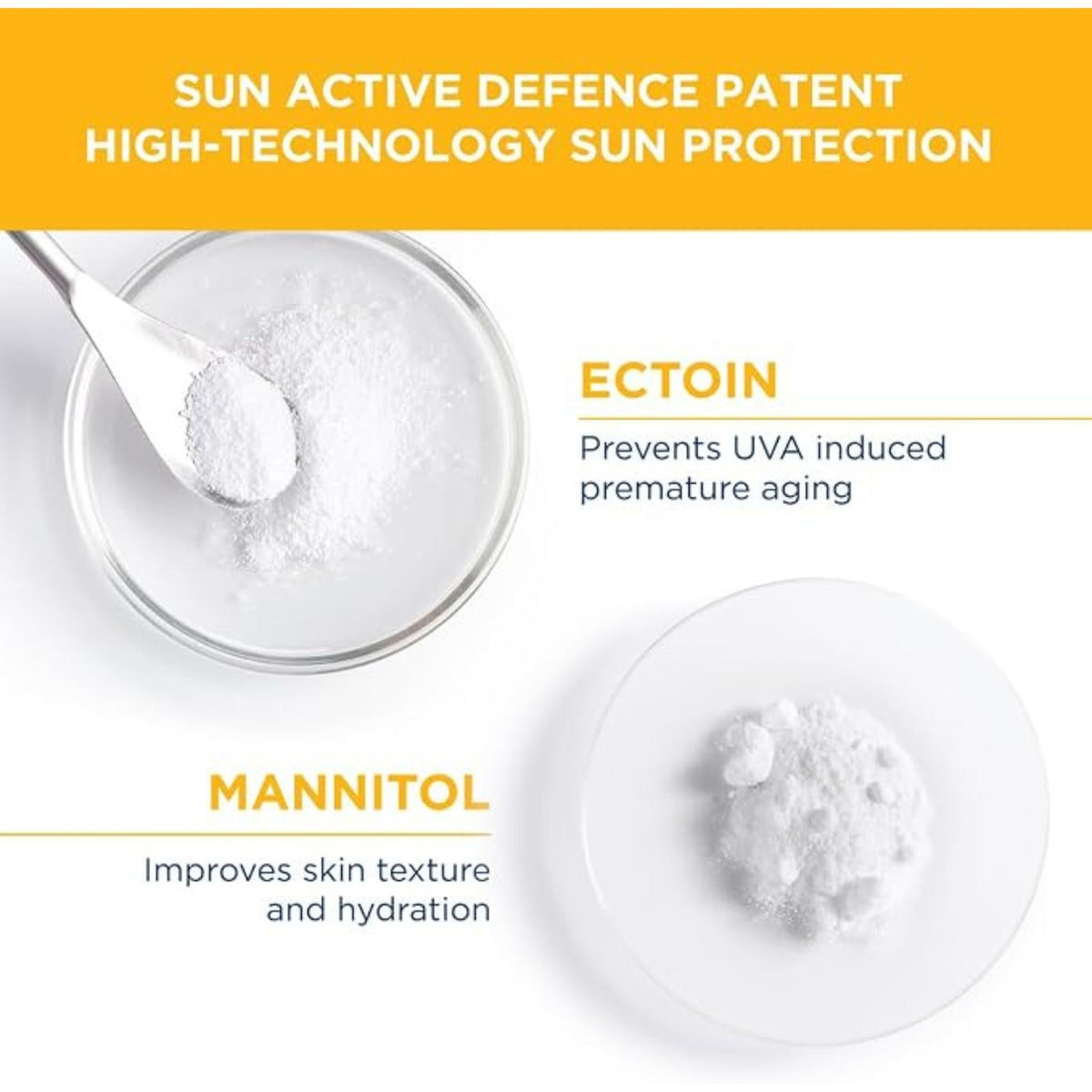 Refect Beauty infographic showing Ectoin and Mannitol ingredients for Bioderma Photoderm Aquafluide sunscreen