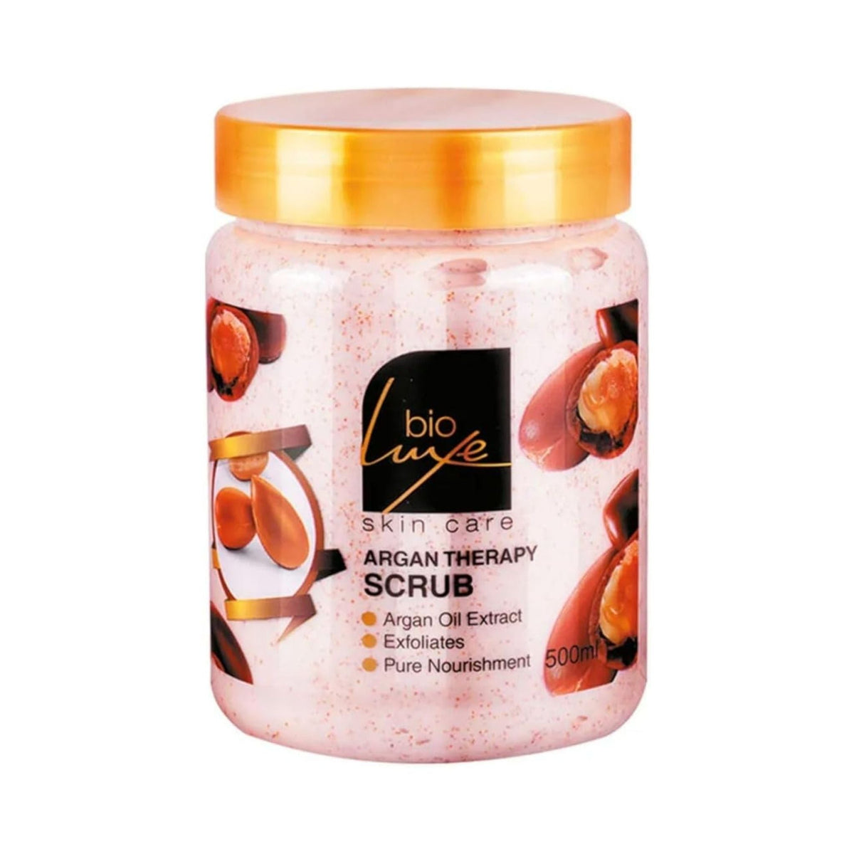 Refect Beauty Bioluxe Argan Therapy exfoliating face and body scrub in a 500ml jar with a gold lid