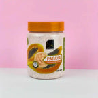 Refect Beauty Bioluxe Papaya Whitening Scrub in a 500ml jar with orange lid against a soft pink background