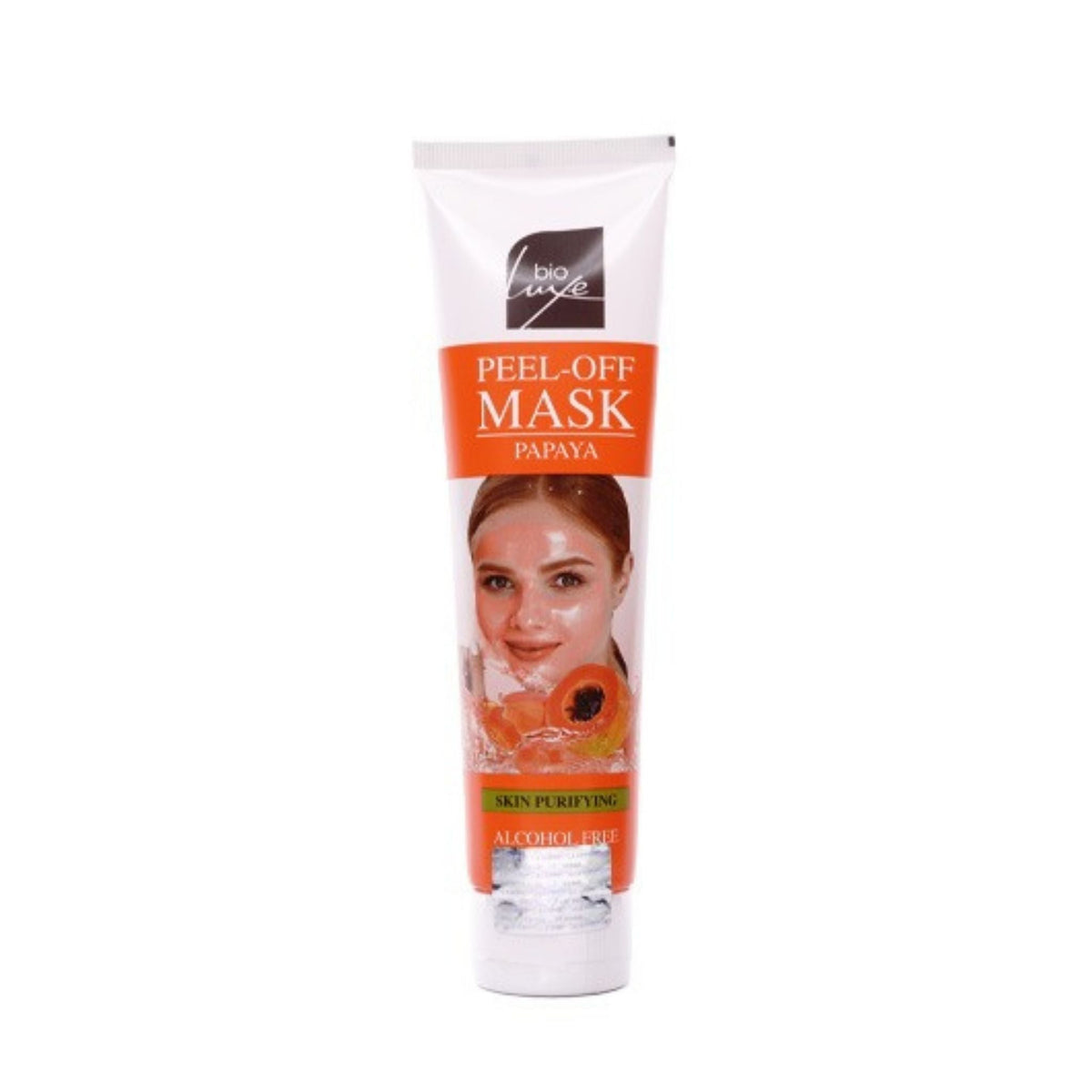 Refect Beauty Bioluxe Papaya Purifying Peel Off Mask in a white tube with orange branding and papaya fruit imagery.