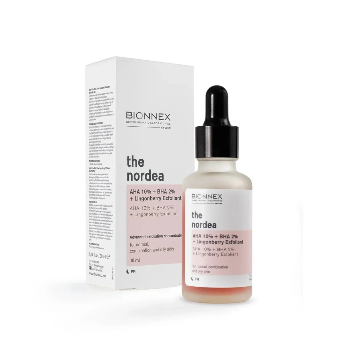 Refect Beauty BIONNEX The Nordea AHA and BHA peeling serum bottle and box for oily and combination skin