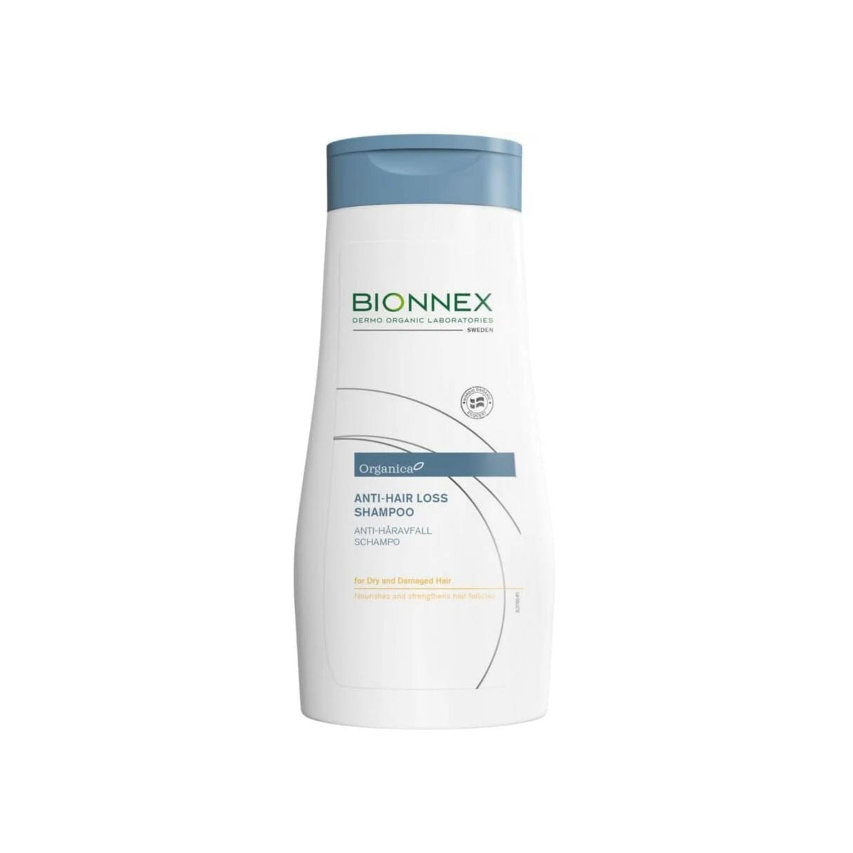 Refect Beauty Bionnex Organica anti-hair loss shampoo bottle for dry and damaged hair with a blue cap