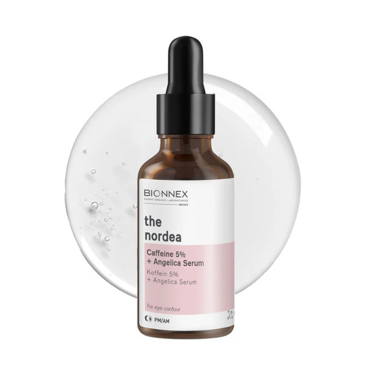 Refect Beauty Bionnex The Nordea brightening eye serum in an amber glass dropper bottle with a pink label.