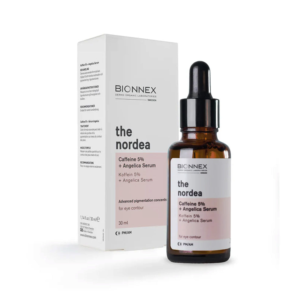 Refect Beauty Bionnex The Nordea brightening eye serum with caffeine and angelica extract in a glass bottle and box.