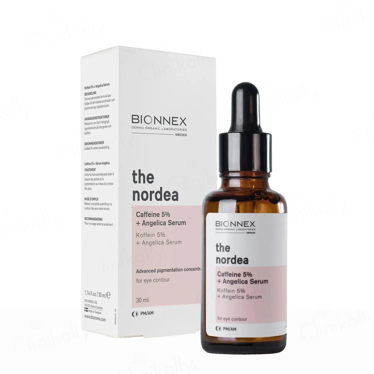 Refect Beauty Bionnex The Nordea brightening eye serum with caffeine and angelica extract in a dropper bottle and box.
