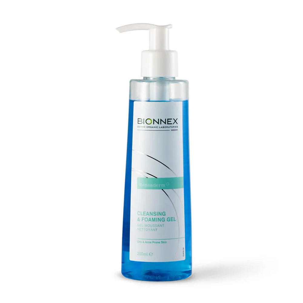 Refect Beauty Bionnex Rensaderm blue foaming cleansing gel in a 200ml pump bottle for oily and acne-prone skin.