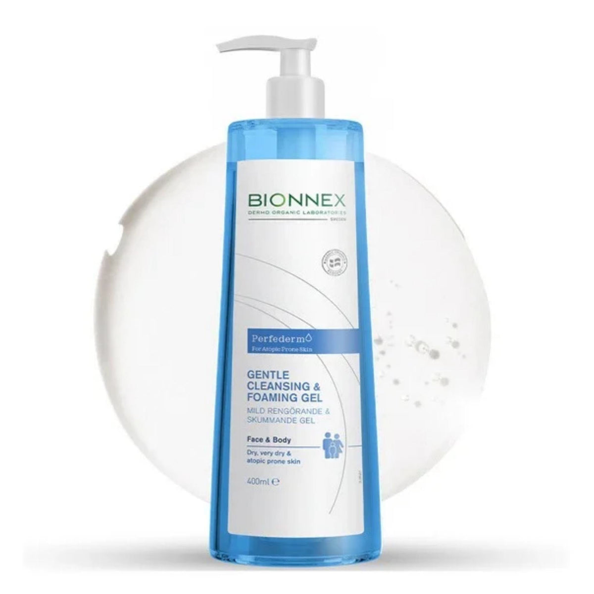 Refect Beauty Bionnex Perfederm gentle foaming cleansing gel in a 400ml blue pump bottle for sensitive skin