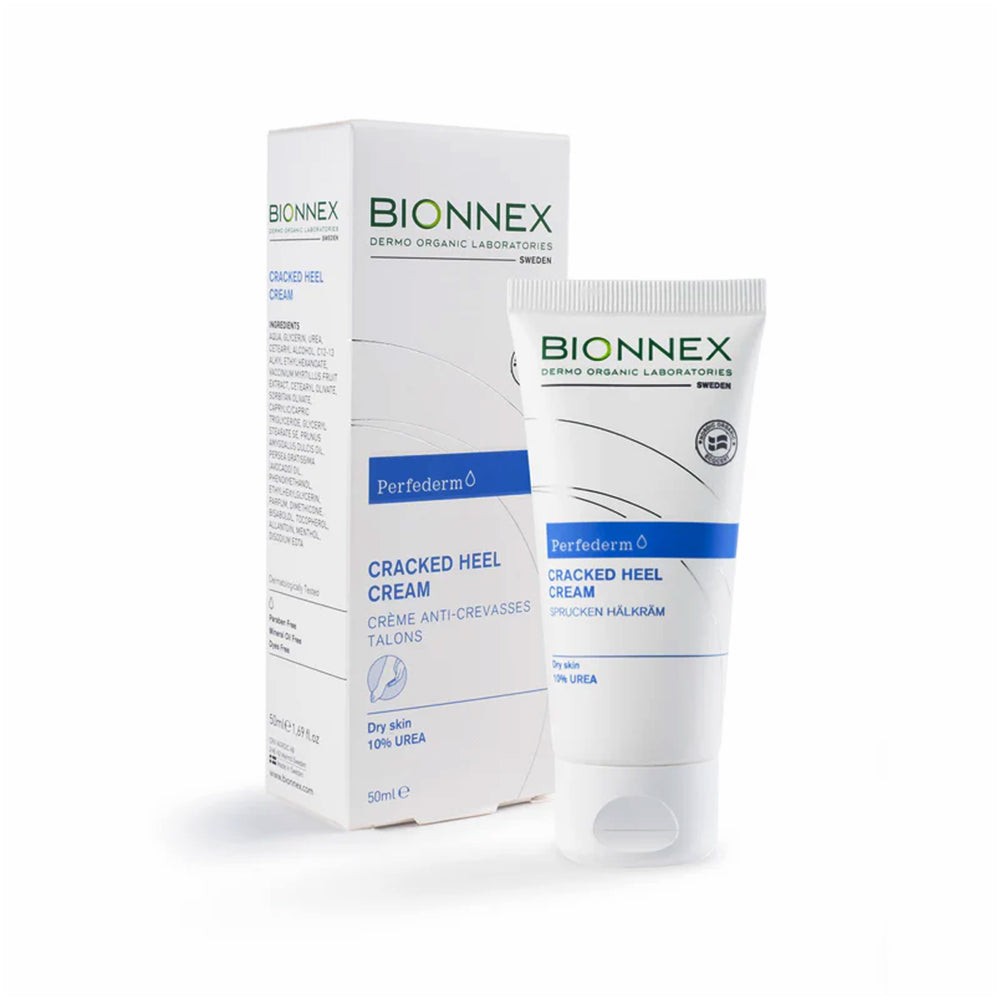 Refect Beauty Bionnex Perfederm Cracked Heel Cream with 10% Urea in a white tube and matching product box.