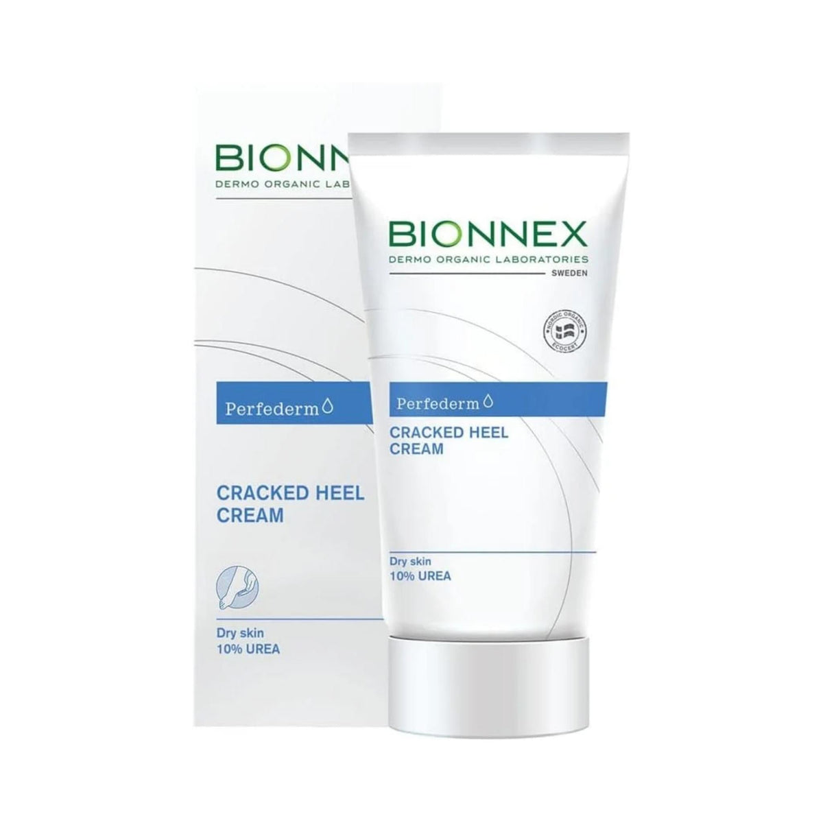 Refect Beauty Bionnex Perfederm Cracked Heel Cream with 10% Urea in a white tube and matching product box