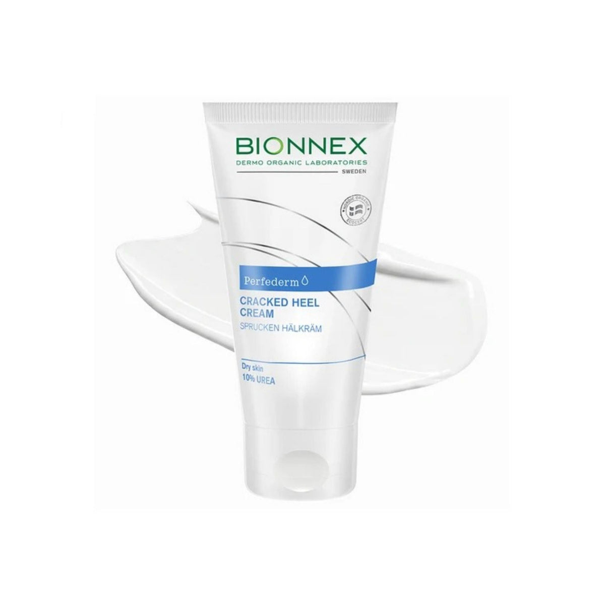 Refect Beauty Bionnex Perfederm 10% Urea cracked heel cream in a white tube with a blue accent and cream texture