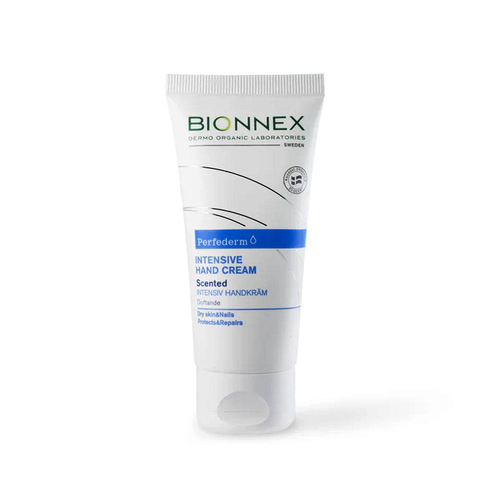 Refect Beauty Bionnex Perfederm intensive scented hand cream in a white squeeze tube for dry skin and weak nails.